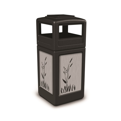 Commercial Zone PolyTec 42 Gallon Trash Container Ashtray Lid, Black w SS Panels, Cattails